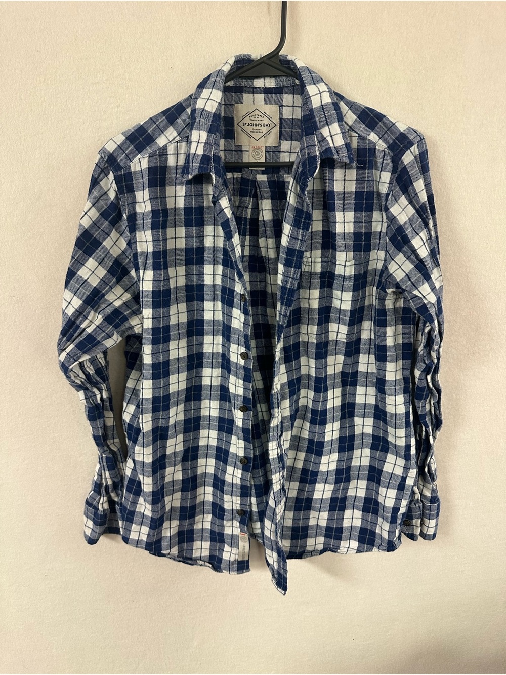 St. John's Bay Men’s Blue Plaid Flannel Long Sleeves 100% Cotton Size Small